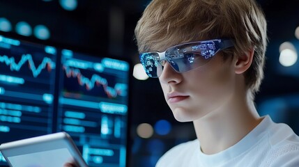 Poster - Data science, business management, analytics, analyzing financial graphs on a virtual touch screen, modern technology for business development.