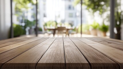 Poster - 3D rendering of an empty wooden table with a blurred dining environment in the background