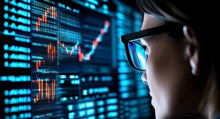 Poster - businesswoman standing near display in glasses