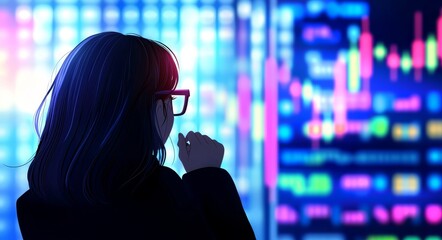 Poster - she stands near the display wearing glasses