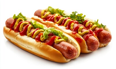 Set of delicious hot dogs with ketchup and mustard, cut out