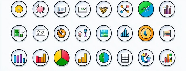 Poster - An editable set of data analytics thin line icons including data analysis, analytics, optimization, mining, processing, statistics, monitoring, search, analysis. This set is available as a modern