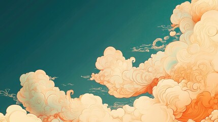 Poster - 2D cartoon illustration of clouds featuring ornate patterns that reflect vintage charm This artwork captures East Asian culture s expression in a serene zen inspired sky