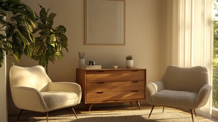 Poster - 3D rendering of a modern living room featuring a wooden chest of drawers and cozy armchairs beside a neutral colored wall