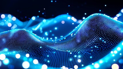 Poster - Blue abstract cyberspace background, Wave of dots and weave lines, metaverse, network security, big data transfer
