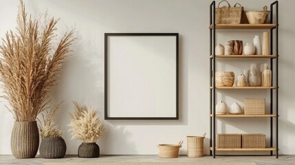 Poster - 3D rendering of two shelving units showcasing an assortment of decorative items along with a blank black picture frame mockup