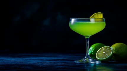 glass of cocktail with lime and ice on black background