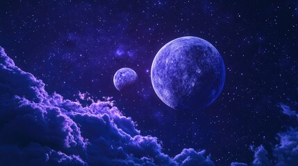 Wall Mural - a purple and blue planet in deep space with two moons depicted in 3d cartoon rendering digital 3d il