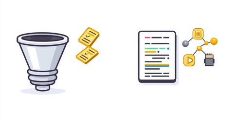 Poster - Set of black filled and outlined icons representing funneling data.