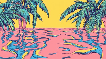 Poster - Abstract Artistic Illustration of Tropical Foliage Reflection on Water Surface for Background Template