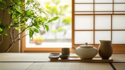 Poster - A traditional Japanese tea ceremony with graceful movements and serene tatami room, symbolizing cultural heritage and mindfulness in tea rituals, Tea ceremony scene