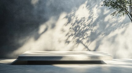 Poster - Display pedestal design platform unbranded item vacant space with tree shadow on the wall 3D rendering