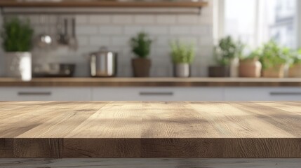 Poster - 3d rendering of a wooden tabletop with a blurred kitchen counter background ideal for product displa