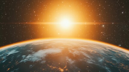 Wall Mural - rendering of a 3d cartoon depiction of the earth stars and galaxy a sunrise over the planet as seen 