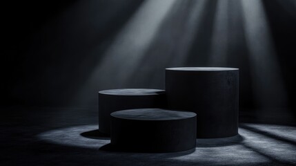Poster - Black cylindrical podiums illuminated by beams of light in a dark setting featuring geometric round pedestals suitable for showcasing cosmetics with ample copy space for advertising and product di