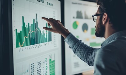 Poster - A professional points at a financial growth chart displayed on a digital screen in a contemporary office, emphasizing key performance indicators