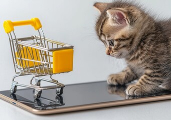 The concept of a pet shop. Shopping cart with a cat. Online shopping concept.