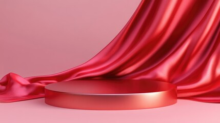 Poster - Round podium on a soft pink background with elegant red silk fabric cascading onto the surface 3D rendered illustration featuring an empty pedestal ideal for product mockups Ample copy space on th