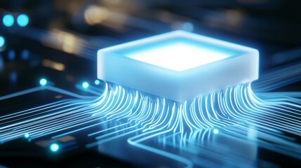 Poster - A simulation of digital binary data on microchip with glow circuit board background. A concept for deep machine learning, crypto currency, and hi-tech product applications. Big data visualization and