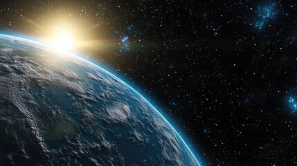 Wall Mural - rendering of a 3d cartoon depiction of the earth stars and galaxy a sunrise over the planet as seen 