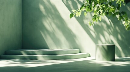 Wall Mural - 3D rendering of an abstract green background featuring an empty stage with steps and a cylindrical podium accented by leaf shadows and bright sunlight streaming through a square window Minimalist 