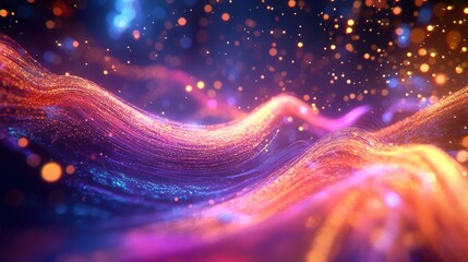 Poster - 3D cartoon rendering of vibrant cosmic energy strings with energy flowing as thin bright elements that create structural fibers