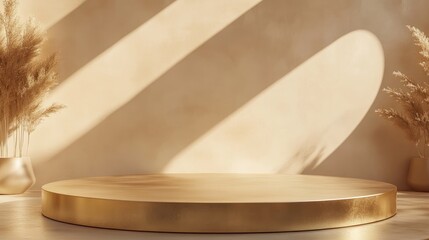 Poster - Gold luxury podium with a 3D background featuring geometric circular shapes an empty display pedestal on a curved floor ideal for minimal product presentations in cosmetics with ample copy space f