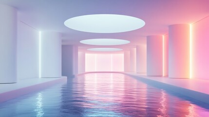 Poster - Abstract architectural background featuring a white interior with hovering discs over water enhanced by neon lighting in a 3D rendering