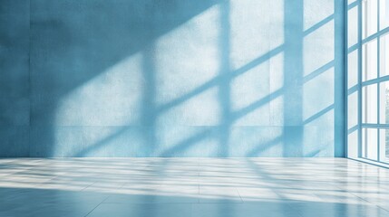 Poster - 3D rendering of a light blue empty wall and smooth floor featuring intriguing light glare suitable for presentations