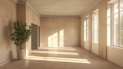 Poster - 3D rendering of a modern contemporary loft featuring an empty room with beige toned walls parquet flooring a plant and a window