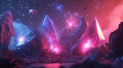 Poster - 3D render of an abstract neon background featuring vibrant pink and blue fireworks a cosmic landscape with glowing triangular shapes and an energy source amidst mountains and rocks