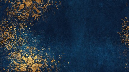 Deep blue textured paper featuring a vignette of a hand drawn golden pattern accompanied by glittery splatters Copy space available Digital artwork A4