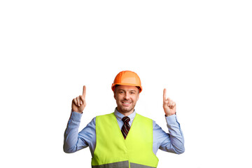 Poster - Look Up. Professional Builder Worker Pointing Fingers Upward Smiling To Camera Posing On White Studio Background. Construction Worker Advertising Building Service Concept. Panorama