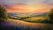 © VRVisionary - Oil painting depicting a panoramic view of a countryside landscape at sunset featuring vibrant springtime fields rolling hills and serene rural scenery