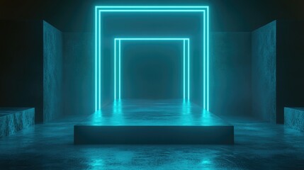 Poster - Glowing neon framed blue podium in darkness for showcasing products 3D rendering AI generated artwork