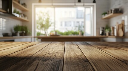 Poster - 3d rendering of a beautiful empty brown wooden tabletop with a blurred modern kitchen interior in th