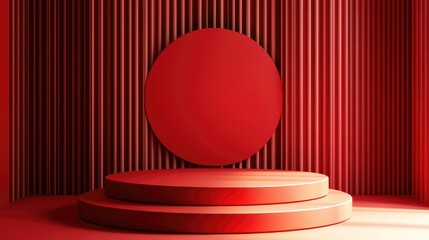 Poster - Red backdrop featuring a geometric shaped podium for product display 3D rendering