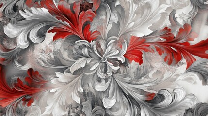 Poster - decorative fabric design featuring shades of gray and red with a touch of fantasy