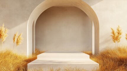 Poster - 3d podium background featuring a natural dry grass setting a minimalistic pedestal in soft beige ton