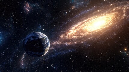 Poster - 3d cartoon rendering featuring the galaxy nebula and planet earth in the western hemisphere
