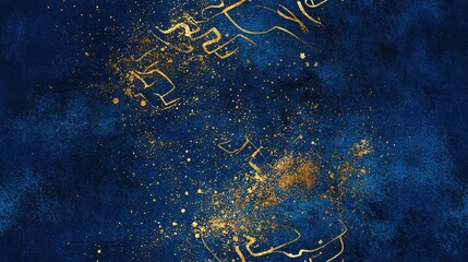 Poster - deep blue textured paper featuring a vignette of a hand drawn golden pattern accompanied by glittery