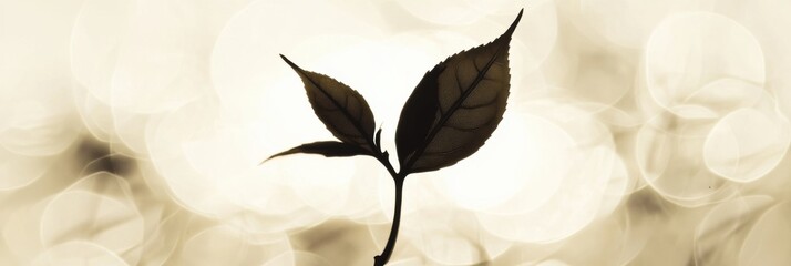 Poster - A delicate tea leaf silhouette stands prominently against a softly blurred background, capturing the tranquility of nature at dusk. Generative AI