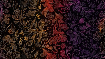 Poster - A continuous hand drawn pattern featuring shades of orange red purple and fuchsia against a black backdrop
