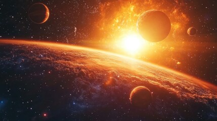 Wall Mural - 3d cartoon rendering depicting a panoramic view of planets in a distant solar system in space
