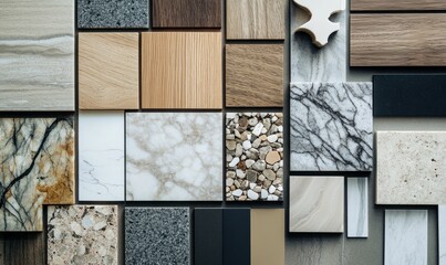 Sample material for interior design with luxurious surfaces such as marble and wood