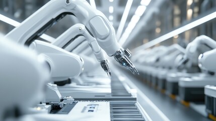 row of white robotic arms in a modern factory setting focused on lithium ion ev battery pack product