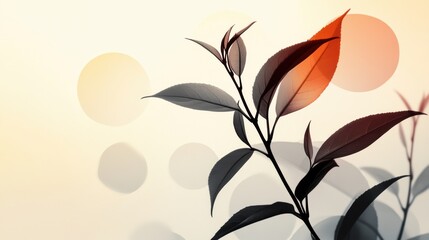 Poster - A delicate silhouette of a tea leaf stands out against a softly blurred background, reflecting warmth and serenity in nature. Generative AI