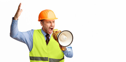 Poster - Angry Builder Worker Shouting In Megaphone Standing Over White Studio Background. Construction Site Concept