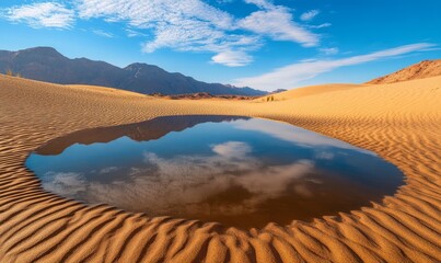 A mirror reflecting the serene desert landscape under a bright blue sky in an expansive sandy terrain during midday