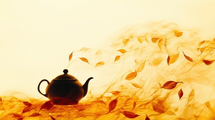 Poster - The silhouette of a teapot transitions into delicate tea leaves, creating an enchanting flow that captures a tranquil atmosphere. Generative AI